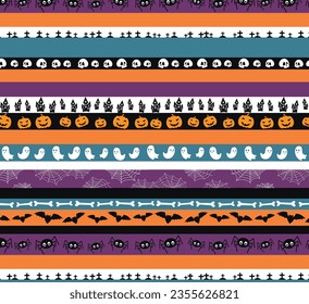 White, orange, purple and blue, halloween background, stripe, pumpkin, bat, ghost, spider, skull, horizontal, seamless pattern, poster, textile, print, decorative vector illustration. Flat silhouette.