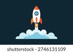 White and orange rocket launching through blue and white clouds space spaceship vehicle