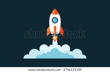 White and orange rocket launching through blue and white clouds space spaceship vehicle