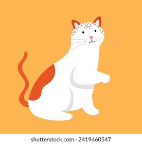 El gato blanco y naranja se ve parado sobre las patas traseras con una expresión curiosa, de fondo naranja. Un felino juguetón que actúa truco o suplica por golosinas, un tierno personaje animal.