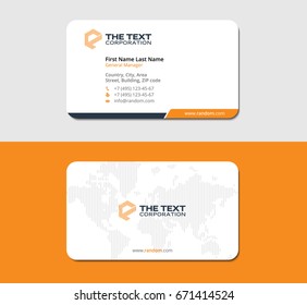 white and orange vector business card with world map
