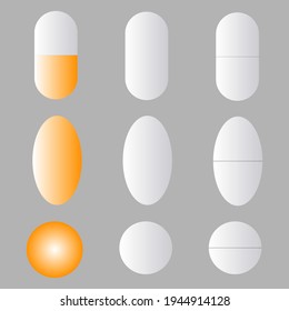 A White and orange Vector illustration of a blister pack of pills isolated on a gray background