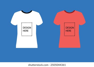 White and Orange vector T-shirt template, mockup, O-neck, short sleeve T-shirt isolated on a blue background, Front view, cad mockup, flat sketch vector illustration template