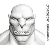 A white Orc face with a mouth full of teeth and a menacing look. The face is drawn in a 3D style, giving it a more realistic appearance. Scene is dark and foreboding