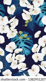 white orchid floral seamless pattern with tropical leaves on white background.