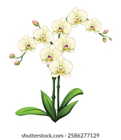 White orchid flowers with delicate petals and green leaves. Vector illustration