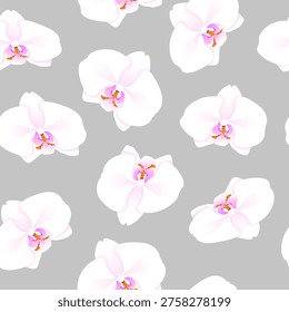 White Orchid Seamless Pattern on Gray Background