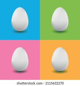 White organic chicken eggs. Vector isolated illustration on green, bkue, pink, orange  background. Pop art easter poster