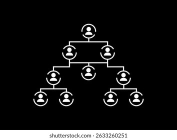 White organizational chart icon on black background representing corporate structure, teamwork roles, and company management in a clean vector style