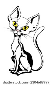 White Oriental cat with yellow eyes. Vector illustration, isolatedon white.