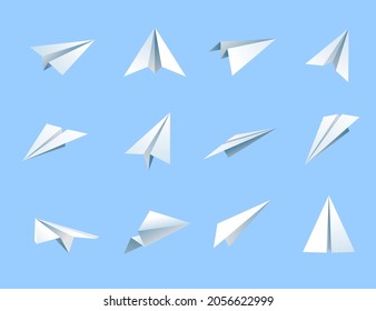 White origami airplanes vector illustration set. Aircrafts made of paper on blue background. Flight, travelling symbol, creative hobby and leisure activity concept