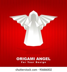White origami angel on red background. Vector illustration.