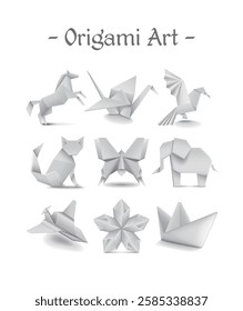 White Origami Art Vector Illustration Paper Folding Animal and Star Airplane Boat Object