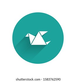 White Origami bird icon isolated with long shadow. Green circle button. Vector Illustration