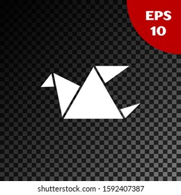 White Origami bird icon isolated on transparent dark background.  Vector Illustration