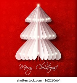 White origami Christmas tree  greeting card with red background pattern with snowflakes.  Vector art.
