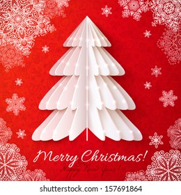 White origami Christmas tree vector greeting card with red background pattern