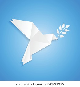 White origami dove silhouette and olive branch. International peace day background with paper bird isolated on blue background