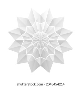 Estilo mandala de patrón de flor de origami blanco. Formas geométricas 3D. Diseño de elementos para publicación, portada, tarjeta, afiche, tela, volante, banner, pared. Ilustración vectorial.