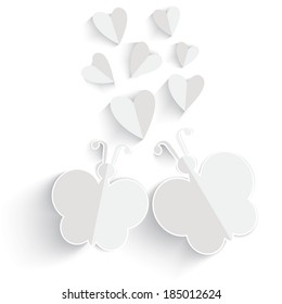 White origami Heart and butterfly isolated in white background. Vector EPS10.