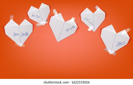 White Origami Hearts Shape Crafted Of Paper Glued By Tape On Red Wall.  Corporate Valentine's Day Office Illustration.  College Or School Party Invitation.