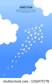 white origami paper airplane is arranged in a shape of big arrow. Business Concept of company direction and power of unity