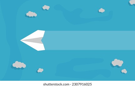 White origami paper airplane travel flight flying above blue ocean sea with cloud top view flat vector design.