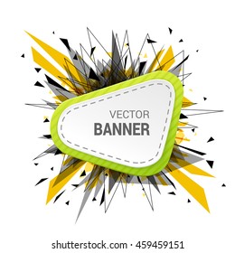 White origami paper banner decorated with colored frame. Abstract explosion decoration. Isolated on white background. Empty space for text. Vector illustration.