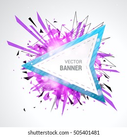 White origami paper banner decorated with colored frame. Abstract burst bokeh decoration. Isolated on gray background. With Space For Text. Vector illustration.