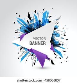 White origami paper banner wrapped with colored paper. Abstract explosion decoration. Isolated on gray background. Empty space for text. Vector illustration.