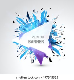 White origami paper banner wrapped with colored paper. Abstract burst bokeh decoration. Isolated on gray background. With Space For Text. Vector illustration.