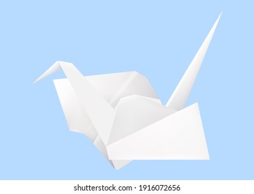 White origami paper crane on blue background. Vector realistic illustration of traditional japanese craft.
