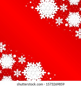 White origami paper cut snowflake. Happy New year decoration card. Winter snowflake background. Seasonal vacation. Snowfall. Origami. Red background. Vector