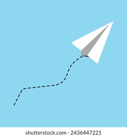 White origami paper plane flying in the sky. Flat design. Blue background., eps10