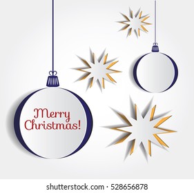 White origami paper vector Christmas ball greeting card template.New year paper card with hanging toy. Creative realistic festive sticker. Notch out element