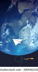 White origami planes fly over the blue earth. Abstract vector technology business background.