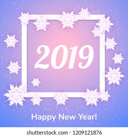 White origami snowflakes with shadow on pink and blue background. Paper cut. Square frame. Vector winter illustration for decorating for the new year and Christmas.