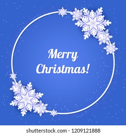 White origami snowflakes with shadow on blue background. Paper cut. Round frame. Vector winter illustration for decorating for the new year and Christmas.