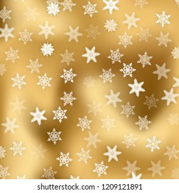 White origami snowflakes with shadow on gold background. Paper cut. Snowfall. Vector winter illustration for decorating for the new year and Christmas.