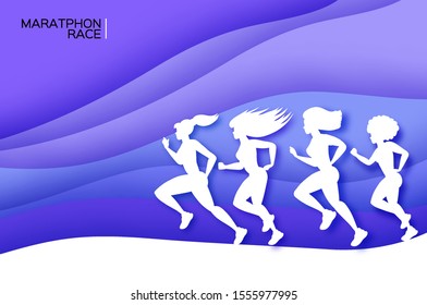White origami young lady running. Happy fitness woman in paper cut style. Woman runner in silhouette on purple wave background. Gogging. Sport Marathon. Dynamic movement. Side view.
