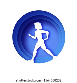 White origami young lady running. Happy fitness woman in paper cut style. Woman runner in silhouette on white background. Jogging. Dynamic movement. Side view. Dark Blue circle frame.