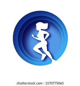 White origami young lady running. Happy fitness woman in paper cut style. Woman runner in silhouette on white background. Jogging. Dynamic movement. Side view. Blue circle frame.