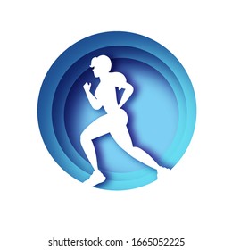 White origami young lady running. Happy fitness woman in paper cut style. Woman runner in silhouette on white background. Jogging. Dynamic movement. Side view. Blue circle frame.