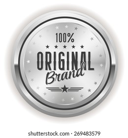 White original brand badge with silver border on white background