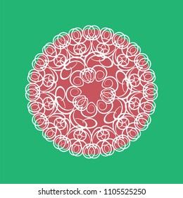 White original ornament in a dark pink circle on a green background. Mandala. Vector illustration
