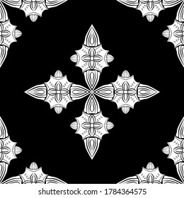 Weiße Verzierung auf schwarzem Hintergrund Vektor Damask nahtlose Retro-Muster Wallpaper Geometrie. Luxusornat. Klassische Dekoration.