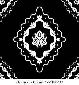 White ornament on black background Vector damask seamless retro pattern wallpaper geometry. Luxury ornate. Classic decor ornate.