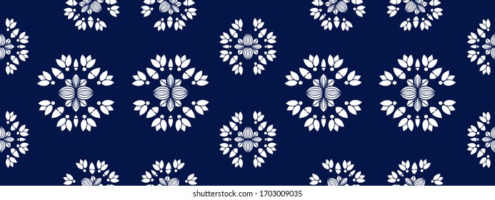 White ornament on blue seamless pattern. Vintage, paisley elements. Ornamental traditional, ethnic, turkish. Great for fabric and textile, wallpaper, packaging or any idea