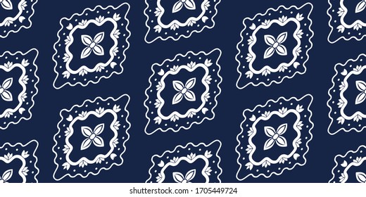 White ornament on blue seamless pattern. Vintage, paisley elements. Ornamental traditional, ethnic, turkish. Great for fabric and textile, wallpaper, packaging or any idea