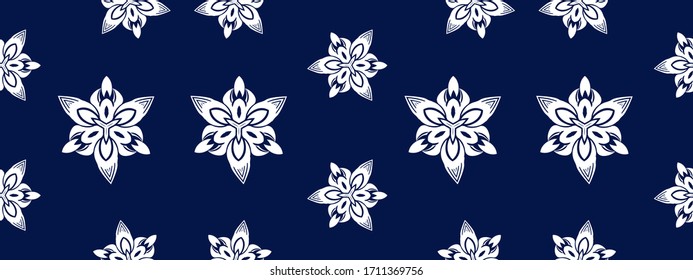 White ornament on blue seamless pattern. Vintage, paisley elements. Ornamental traditional, ethnic, turkish. Great for fabric and textile, wallpaper, packaging or any idea
